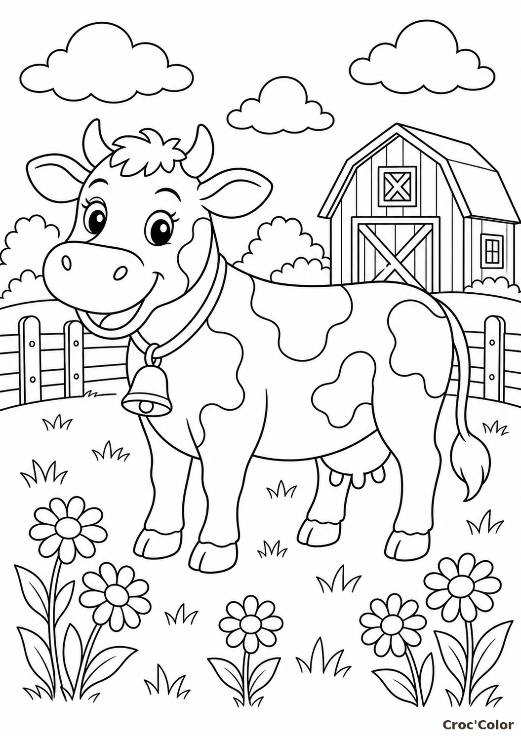 Coloriage vache dans un pré - Dessin de ferme à imprimer