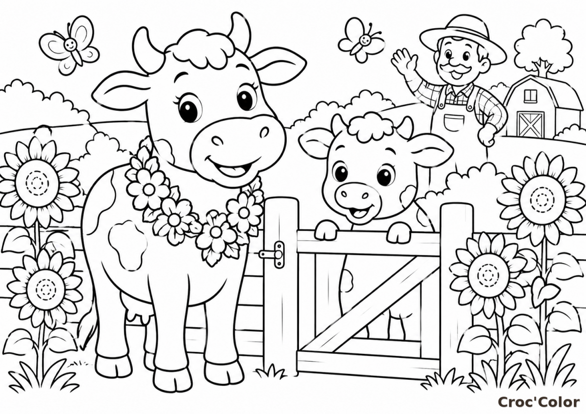 Coloriage Vache et Veau à la Ferme - Dessin Maman Vache et son Petit avec le Fermier à Imprimer Gratuit