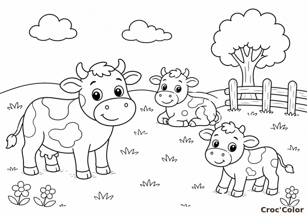 Coloriage Vaches dans la Prairie et Ferme - Dessin Maman Vache et Veaux à Imprimer Gratuit