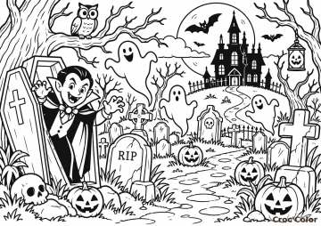 Coloriage Vampire et Cimetière Hanté - Dessin Château Hanté, Fantômes, Cercueil, Chouette et Citrouilles d'Halloween à Imprimer Gratuit