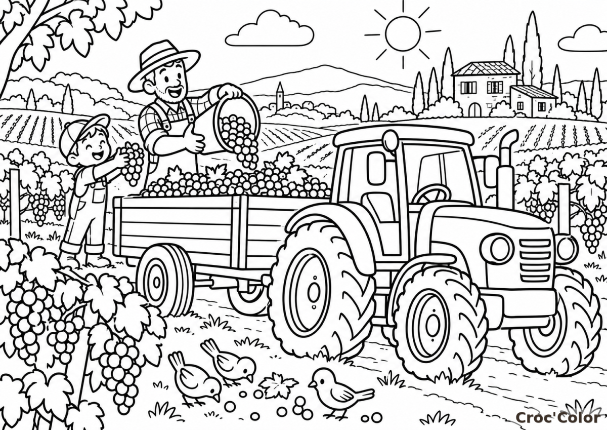 Coloriage Vendanges et Tracteur Moyen - Dessin Récolte du Raisin à la Ferme, Viticulteur et Vignes à Imprimer Gratuit