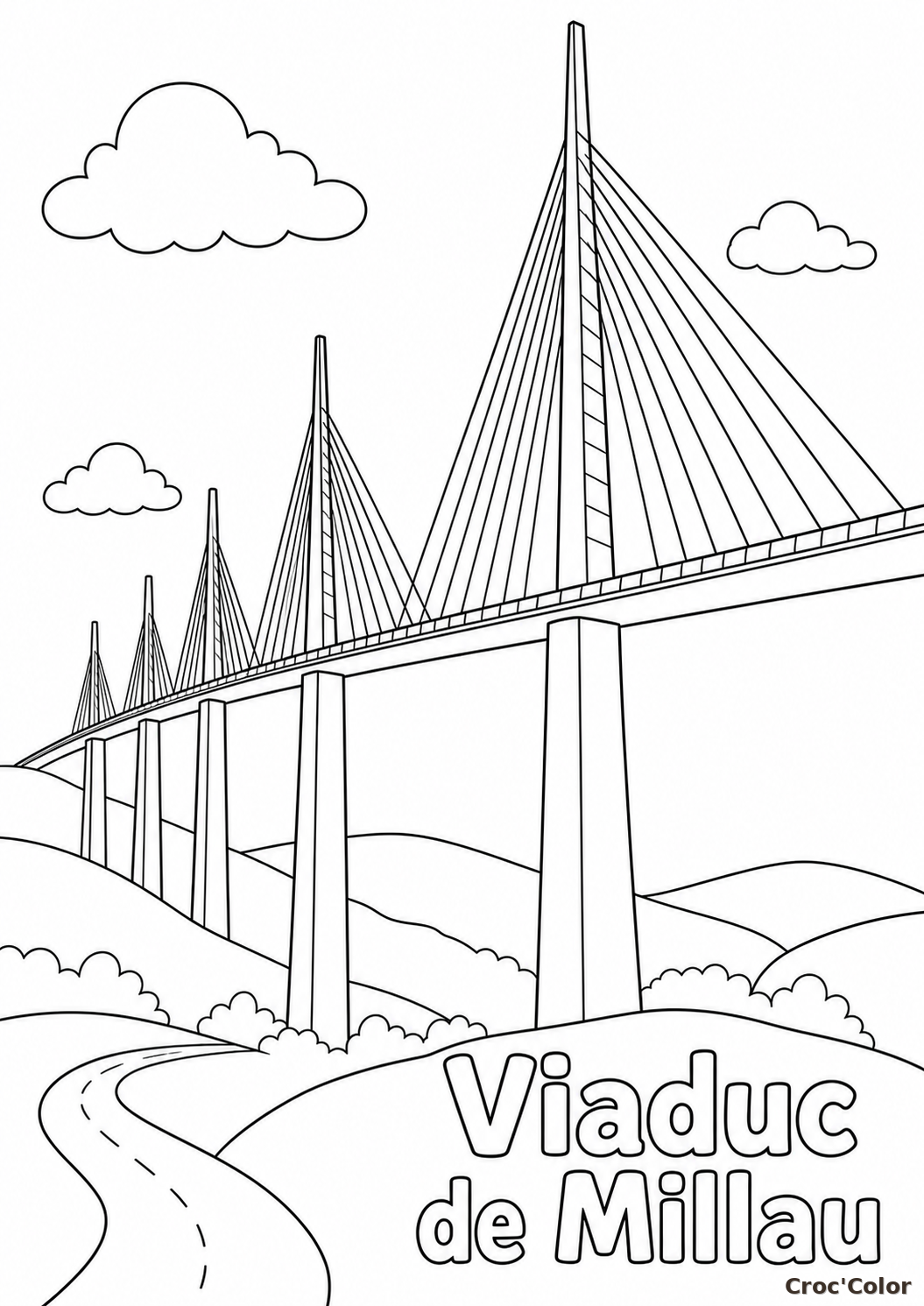 Coloriage Viaduc de Millau Facile - Dessin Monument de France à Imprimer Gratuit
