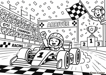 Coloriage Victoire Voiture de Course - Dessin Pilote Formule 1, Ligne d'Arrivée, Podium et Confettis à Imprimer Gratuit
