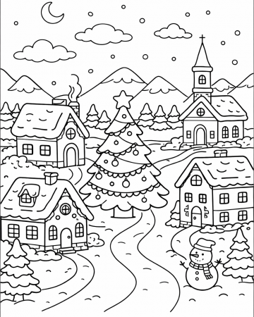 Coloriage Village de Noël Enneigé - Dessin Paysage d'Hiver et Sapin à Imprimer Gratuit