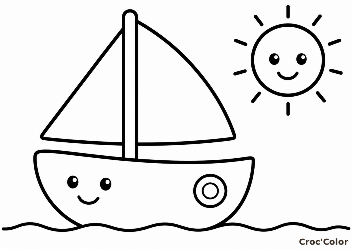 Coloriage Voilier Kawaii Facile Maternelle - Dessin Bateau Souriant, Voiles, Mer et Soleil à Imprimer Gratuit