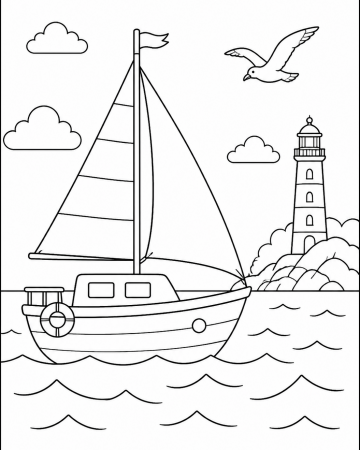 Coloriage Voilier en Mer Facile - Dessin Bateau à Voile et Phare à Imprimer