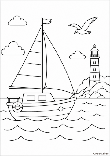Coloriage Voilier en Mer Facile - Dessin Bateau à Voile et Phare à Imprimer