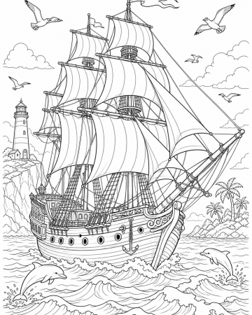 Coloriage voilier à trois mâts détaillé - bateau pirate à imprimer