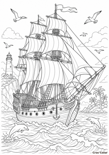 Coloriage voilier à trois mâts détaillé - bateau pirate à imprimer