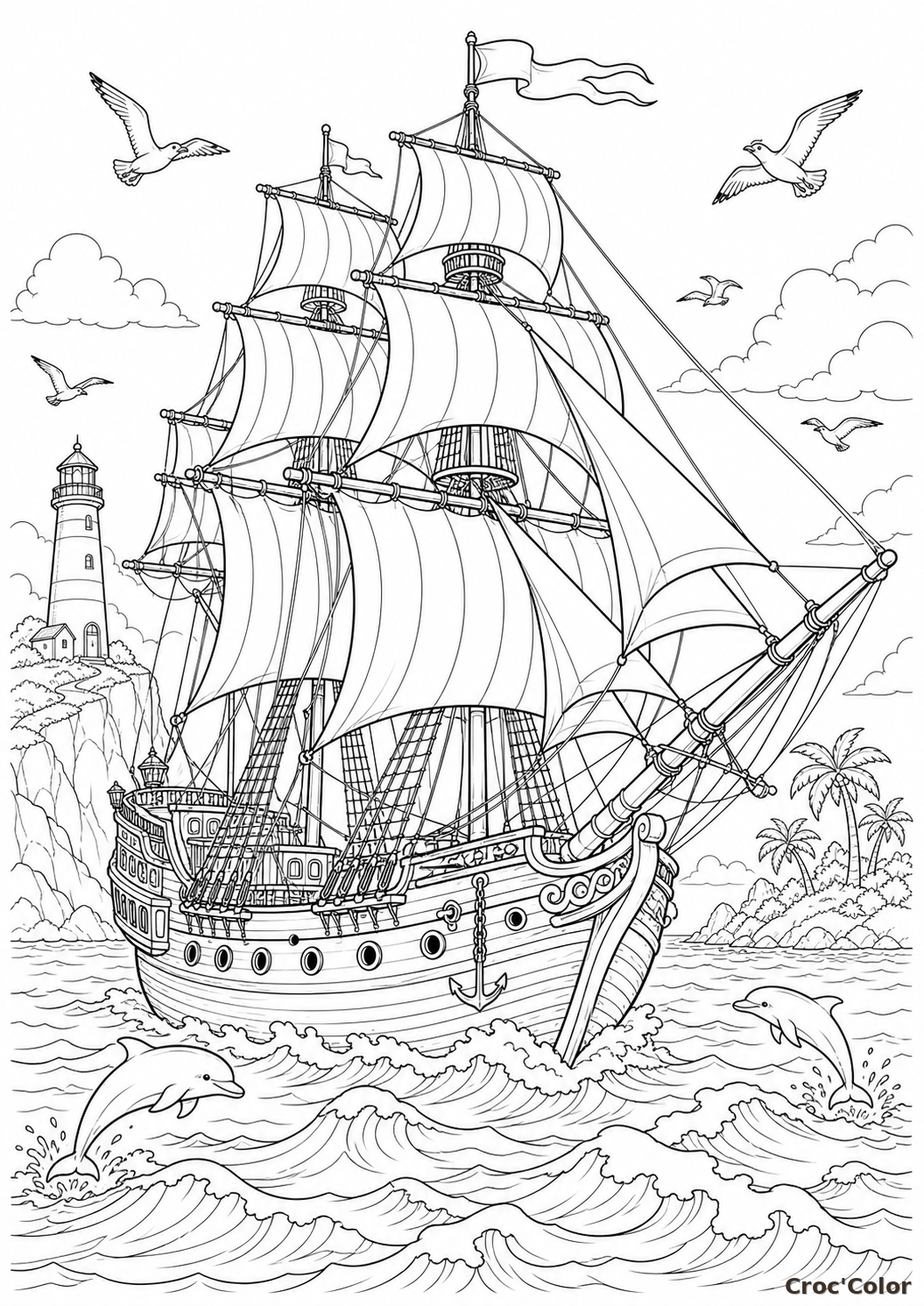 Coloriage voilier à trois mâts détaillé - bateau pirate à imprimer