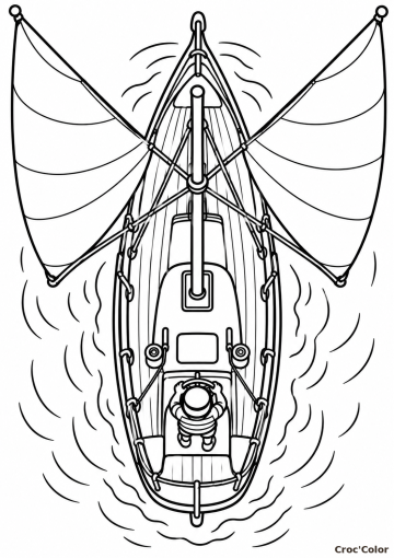 Coloriage Voilier Vue du Dessus Moyen – Dessin Bateau à Voiles Déployées, Capitaine au Gouvernail et Vagues à Imprimer Gratuit