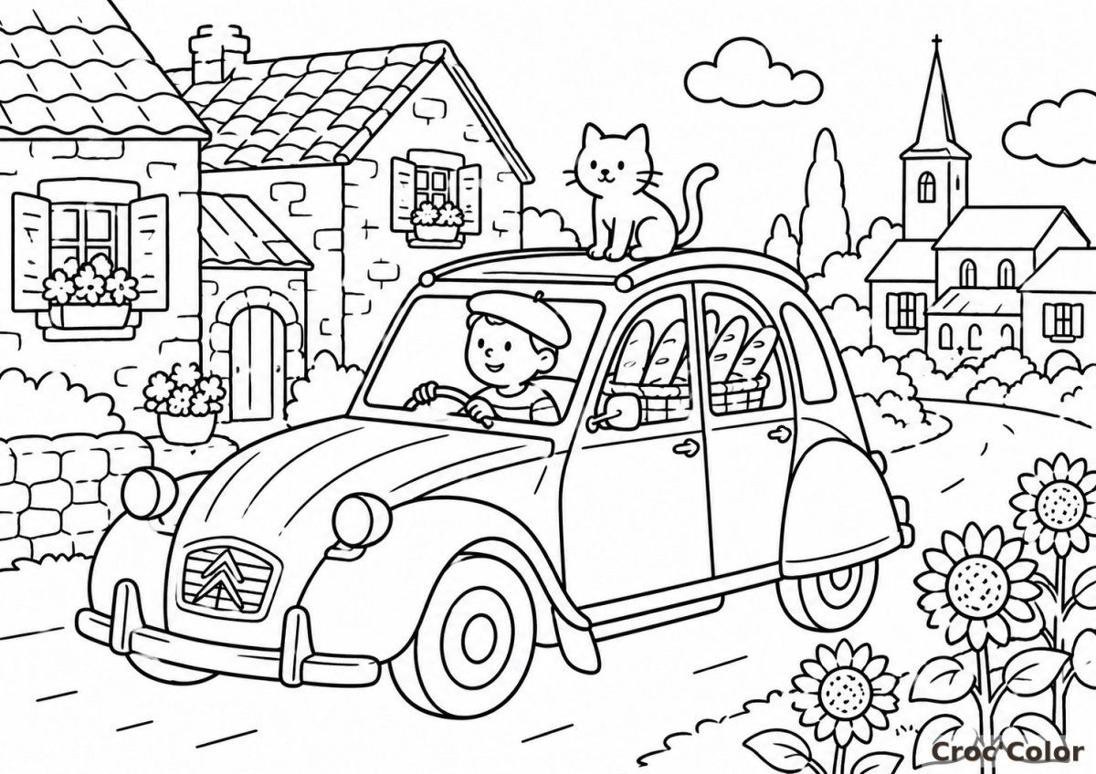 Coloriage Voiture 2CV et Petit Chat - Dessin Automobile Vintage à la Campagne à Imprimer Gratuit