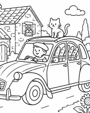 Coloriage Voiture 2CV et Petit Chat - Dessin Automobile Vintage à la Campagne à Imprimer Gratuit
