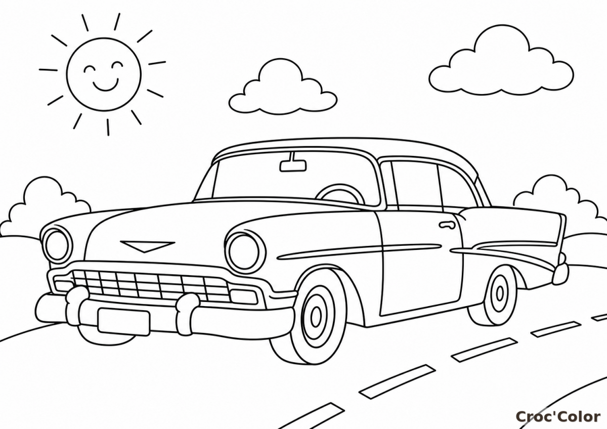 Coloriage Voiture Rétro sur la Route : Dessin Facile à Imprimer