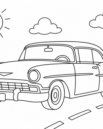 Coloriage Voiture Rétro sur la Route : Dessin Facile à Imprimer