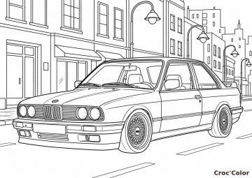 Coloriage Voiture BMW E30 en Ville - Dessin Automobile de Collection à Imprimer Gratuit