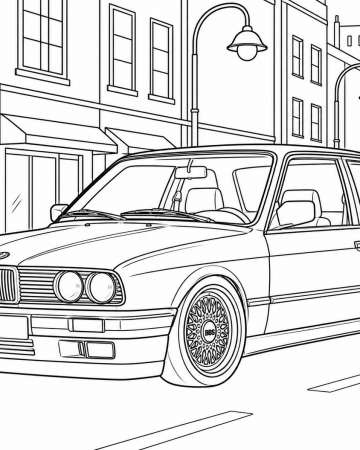 Coloriage Voiture BMW E30 en Ville - Dessin Automobile de Collection à Imprimer Gratuit