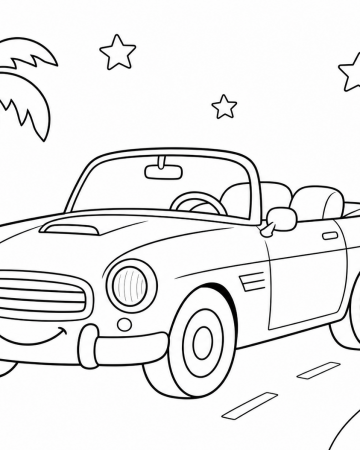 Coloriage Voiture Cabriolet sur la Route des Vacances - Dessin à Imprimer Gratuit