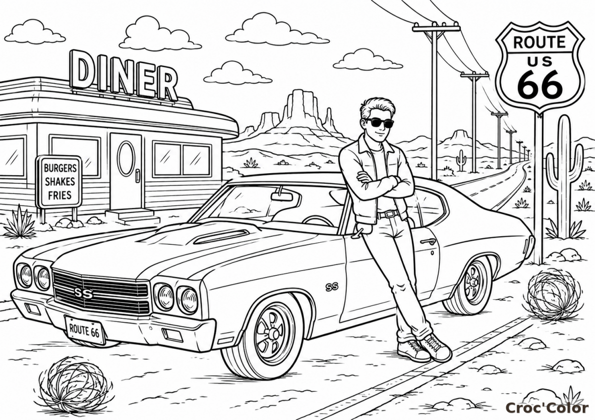 Coloriage Chevrolet Chevelle SS Route 66 - Dessin Voiture Américaine Ancienne à Imprimer Gratuit