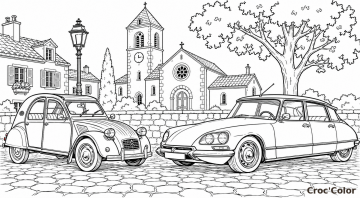 Coloriage Citroën 2CV et DS Facile - Dessin Voitures Anciennes sur la Place du Village à Imprimer