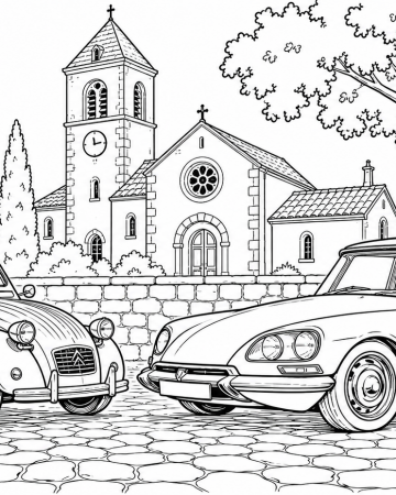 Coloriage Citroën 2CV et DS Facile - Dessin Voitures Anciennes sur la Place du Village à Imprimer