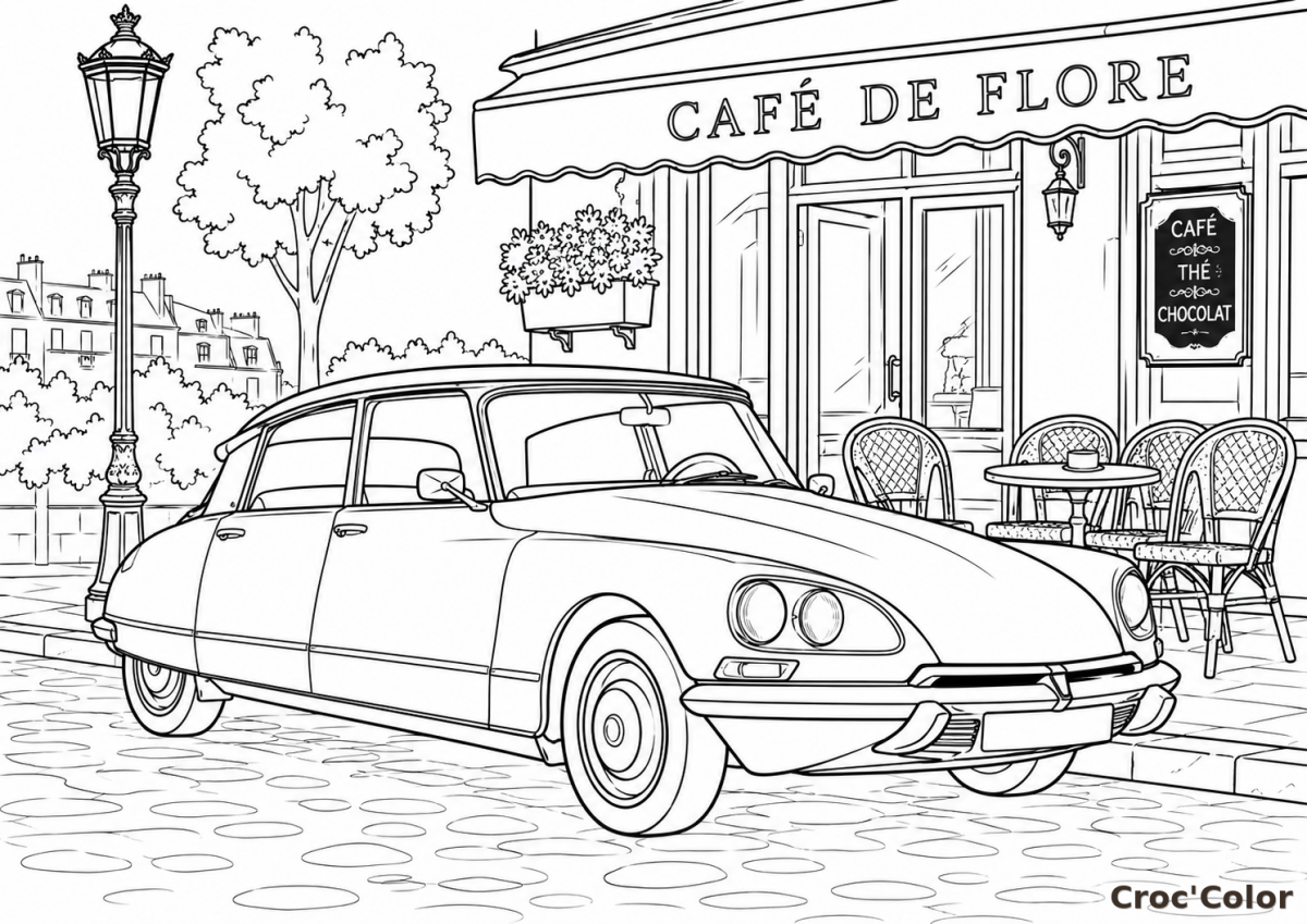 Coloriage Citroën DS Paris - Dessin Voiture Rétro et Café de Flore à Imprimer Gratuit