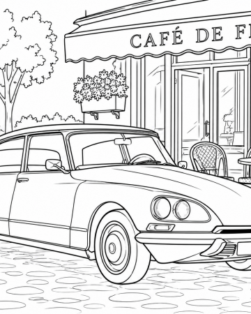 Coloriage Citroën DS Paris - Dessin Voiture Rétro et Café de Flore à Imprimer Gratuit