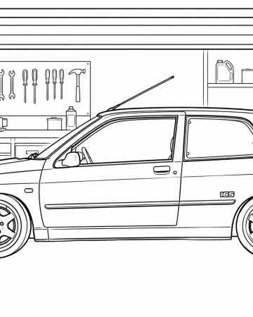 Coloriage Voiture Clio 16S - Dessin Auto de Sport au Garage à Imprimer Gratuit