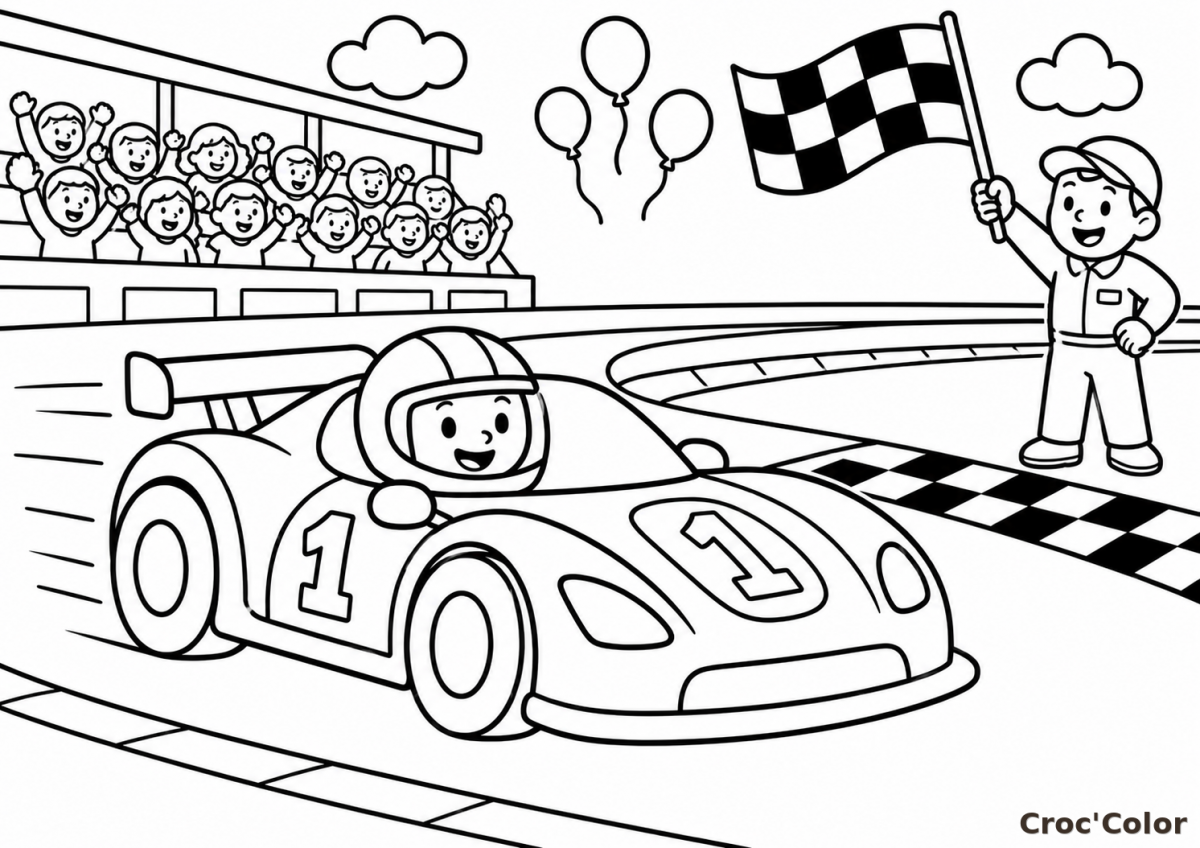 Coloriage Course Automobile Facile - Dessin Voiture de Course sur Circuit à Imprimer Gratuit
