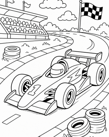 Coloriage Voiture de Course F1 sur Circuit - Dessin de Sport Automobile à Imprimer