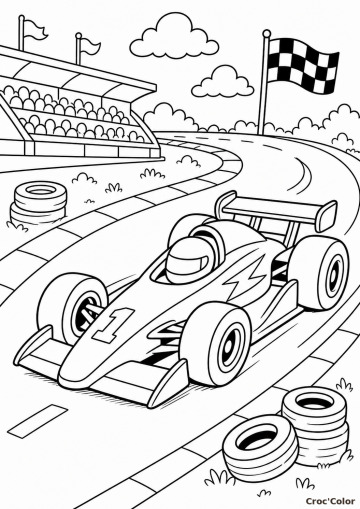 Coloriage Voiture de Course F1 sur Circuit - Dessin de Sport Automobile à Imprimer