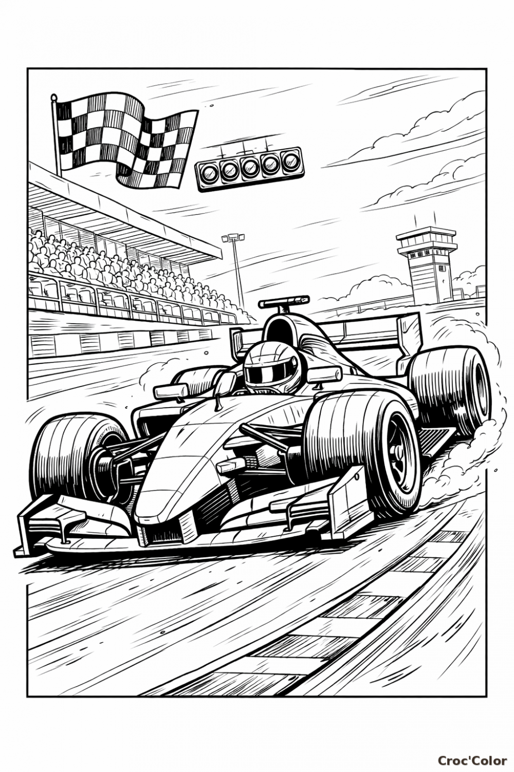 Coloriage Voiture de Course F1 sur Piste - Dessin Formule 1 et Drapeau à Imprimer Gratuit