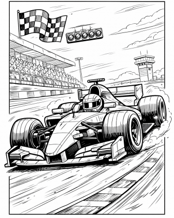 Coloriage Voiture de Course F1 sur Piste - Dessin Formule 1 et Drapeau à Imprimer Gratuit