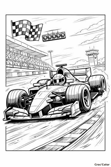 Coloriage Voiture de Course F1 sur Piste - Dessin Formule 1 et Drapeau à Imprimer Gratuit