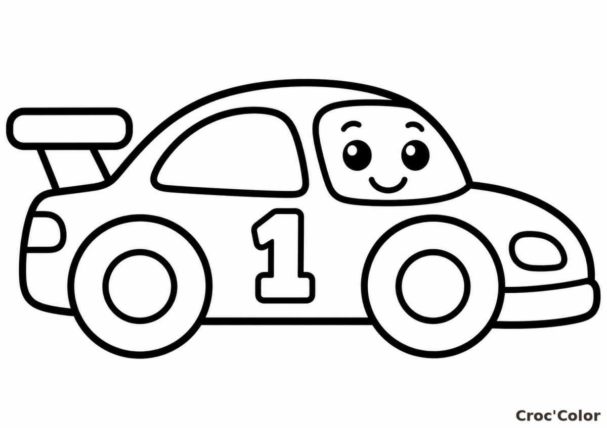 Coloriage Voiture de Course Facile Maternelle - Dessin Petite Voiture de Sport Kawaii à Imprimer Gratuit