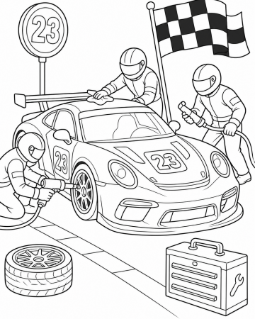 Coloriage Voiture de Course au Stand : Dessin de Course Automobile à Imprimer