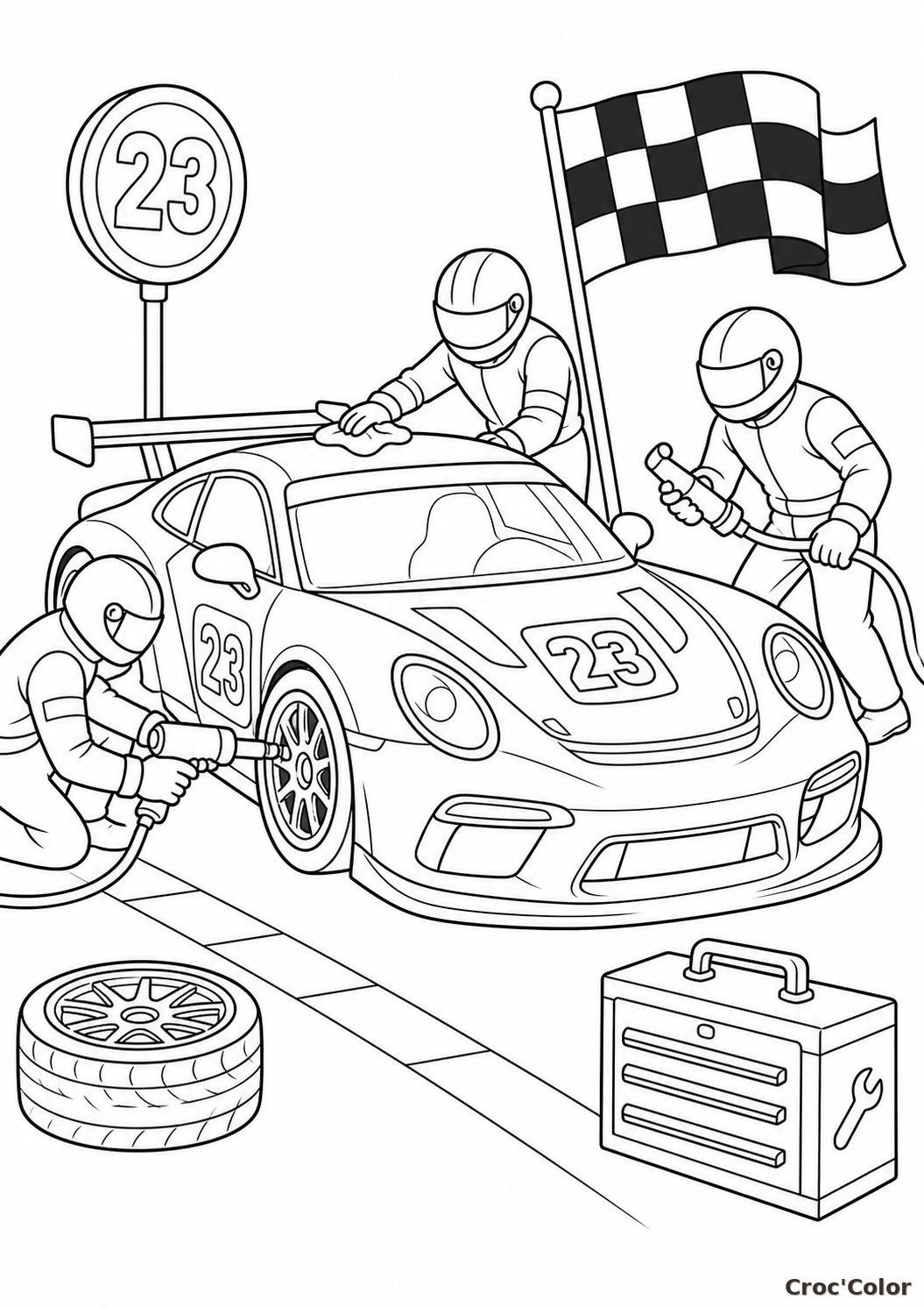 Coloriage Voiture de Course au Stand : Dessin de Course Automobile à Imprimer