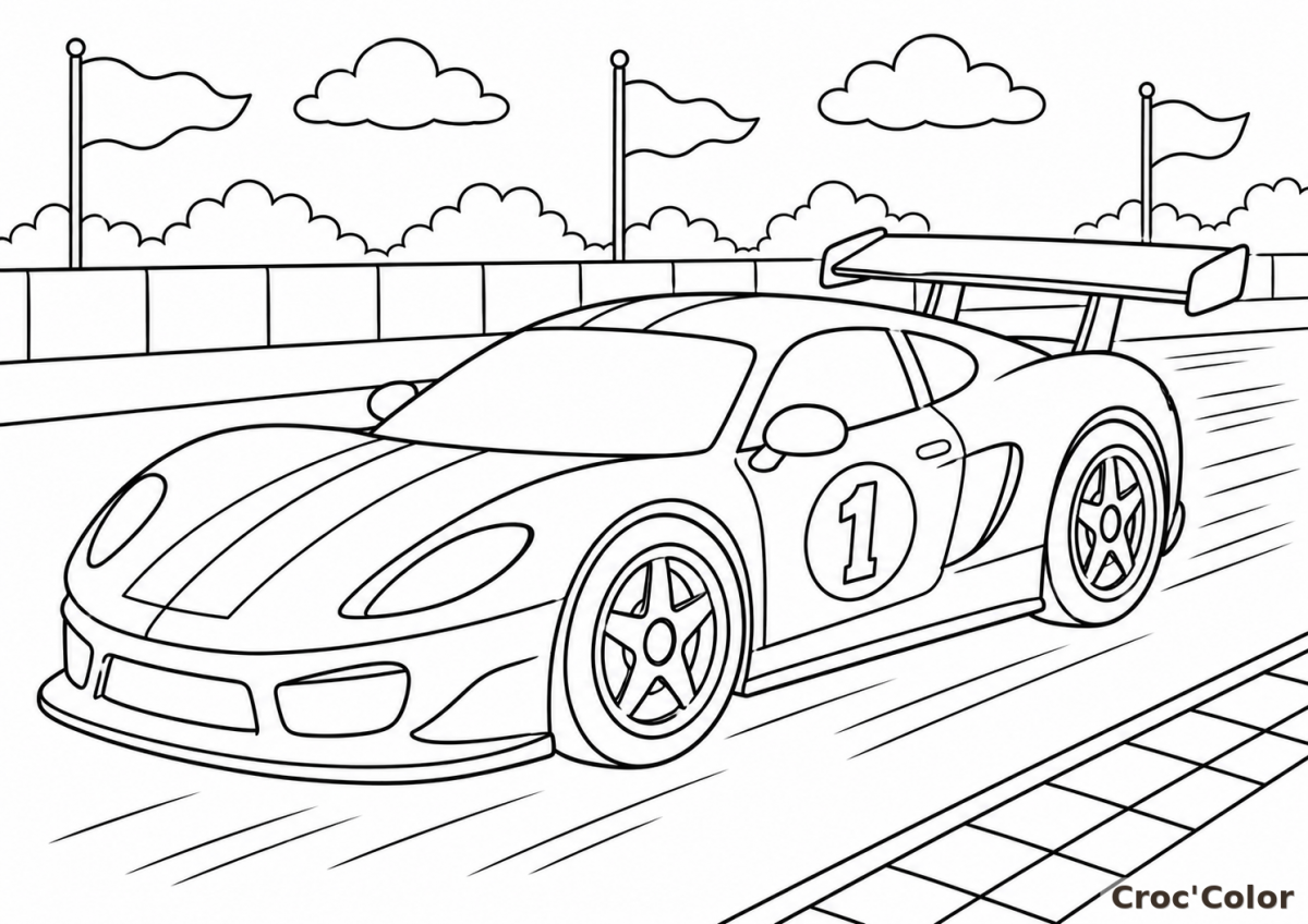 Coloriage Voiture de Course Facile - Dessin Sportive sur Circuit à Imprimer Gratuit