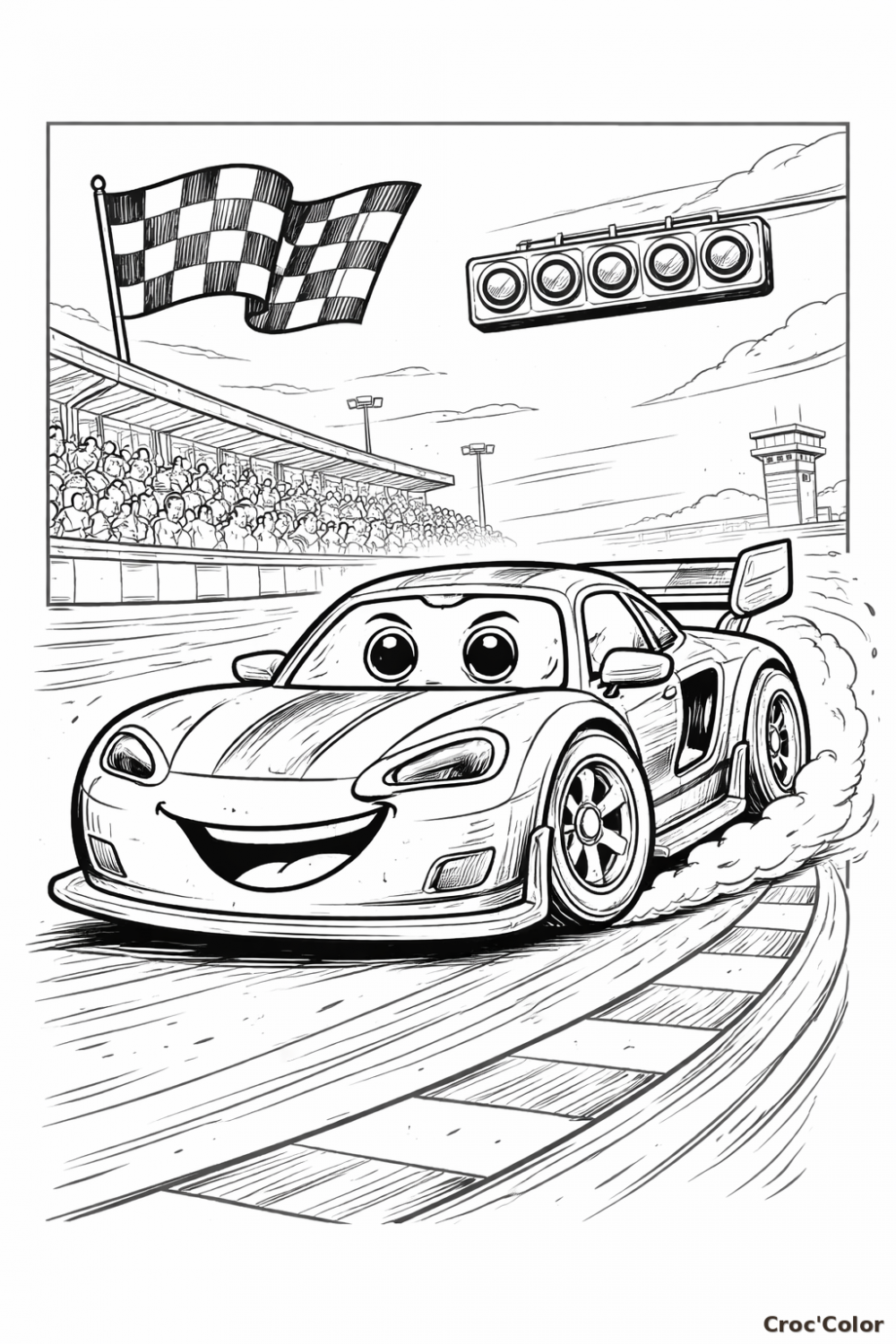 Coloriage Voiture de Course Animée sur Circuit - Dessin Bolide de Sport Rigolo à Imprimer Gratuit