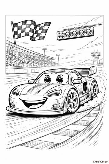 Coloriage Voiture de Course Animée sur Circuit - Dessin Bolide de Sport Rigolo à Imprimer Gratuit