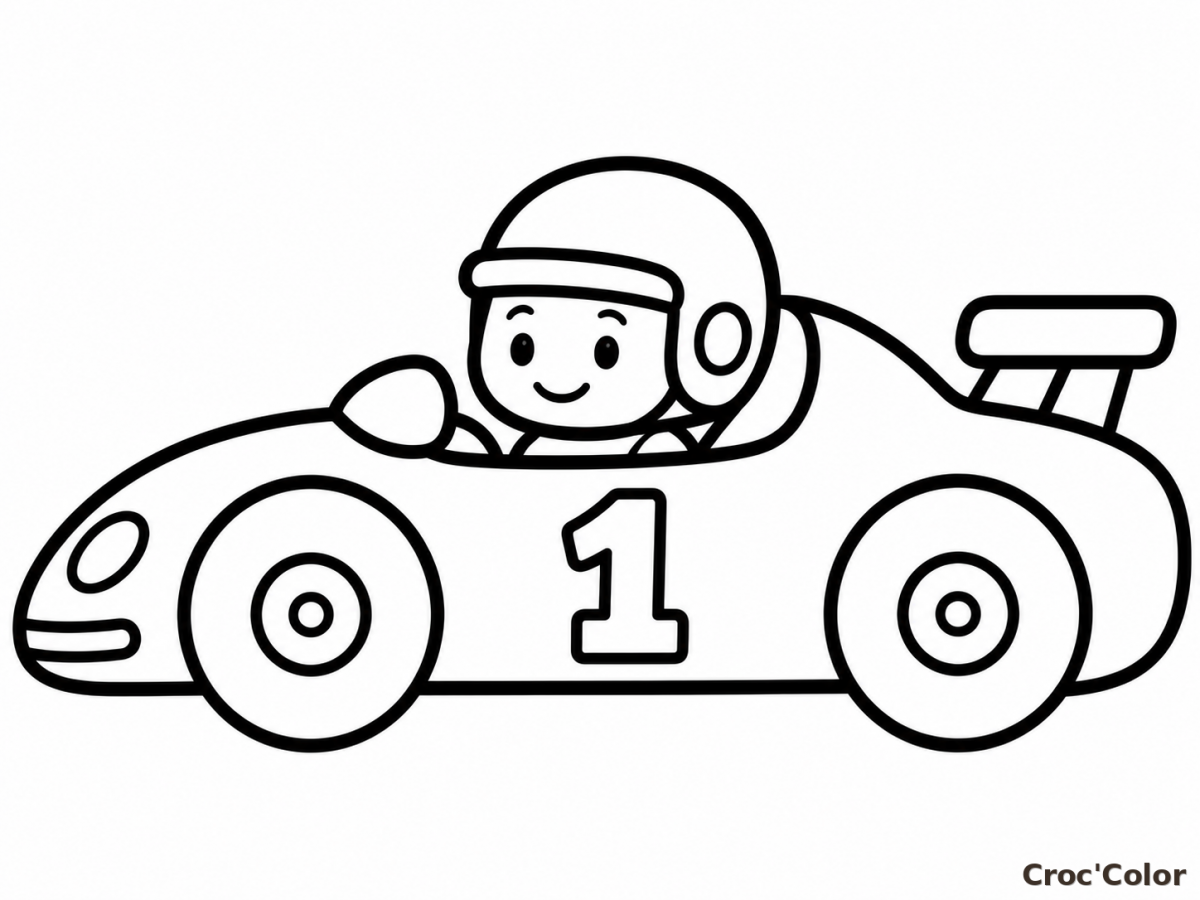 Coloriage Voiture de Course Facile Maternelle - Dessin Petit Pilote et Bolide N°1 à Imprimer Gratuit