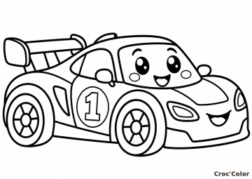 Coloriage Voiture de Course Mignonne Facile - Dessin Bolide de Course Numéro 1, Aileron et Visage Rigolo à Imprimer Gratuit