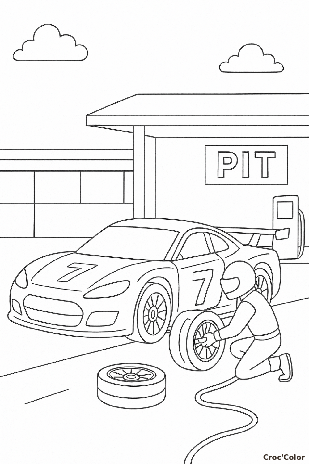 Coloriage Voiture de Course au Pit Stop - Dessin Ravitaillement et Changement de Pneus à Imprimer Gratuit
