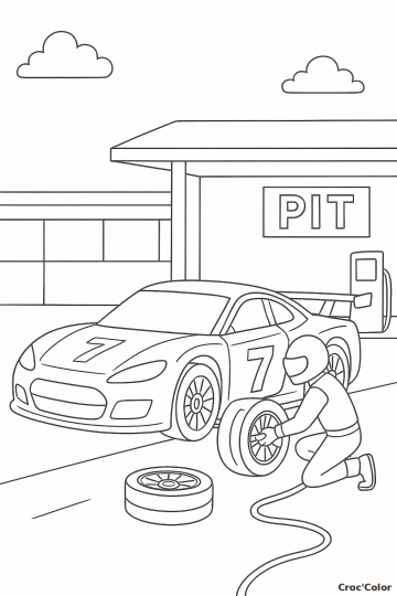 Coloriage Voiture de Course au Pit Stop - Dessin Ravitaillement et Changement de Pneus à Imprimer Gratuit