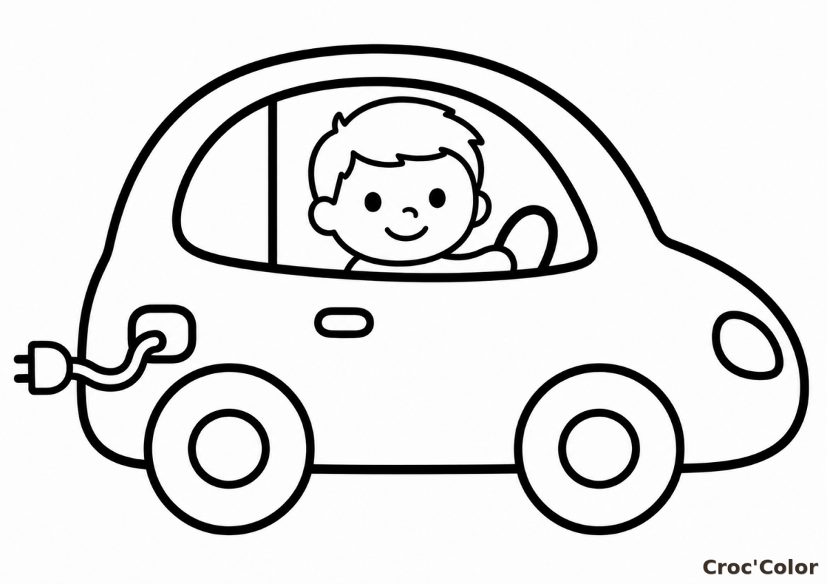 Coloriage Voiture Électrique Facile Maternelle - Dessin Petit Garçon au Volant à Imprimer Gratuit