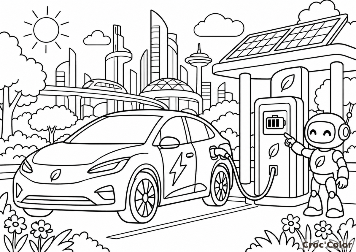 Coloriage Voiture Électrique et Ville du Futur Moyen - Dessin Station Solaire, Robot Mignon et Écologie à Imprimer Gratuit