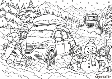 Coloriage Voiture Enneigée et Bonhomme de Neige Moyen - Dessin Dégagement de Neige, Chasse-Neige et Paysage de Montagne à Imprimer Gratuit