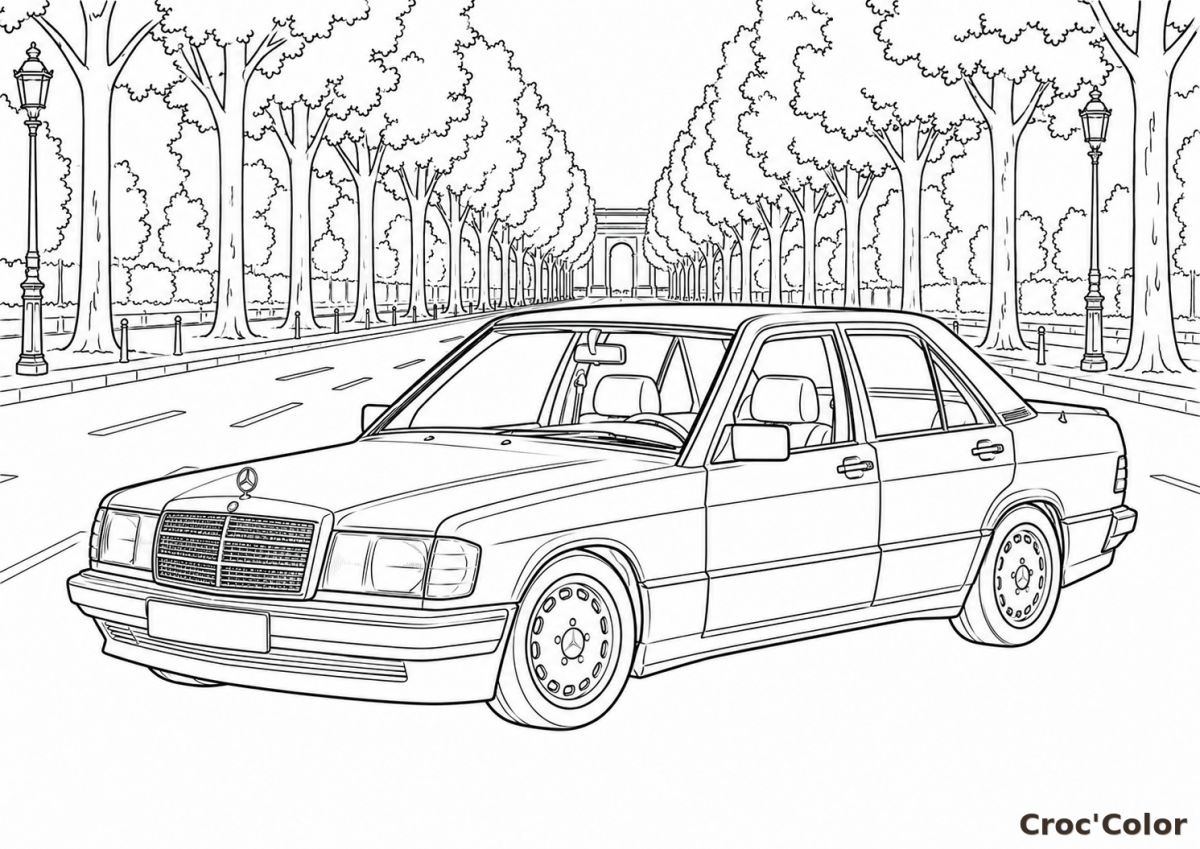 Coloriage Mercedes 190E Paris - Dessin Berline Rétro et Arc de Triomphe à Imprimer Gratuit