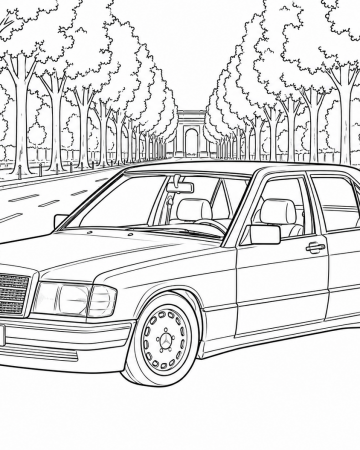 Coloriage Mercedes 190E Paris - Dessin Berline Rétro et Arc de Triomphe à Imprimer Gratuit