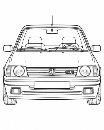 Coloriage Voiture Peugeot 205 GTI - Dessin Auto de Ligne de Face à Imprimer